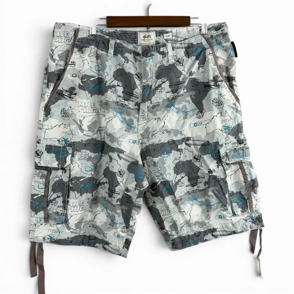 Y2K Ecko Unltd Cargo Shorts Men 38 Mile High All Over Print WhiteBlue Gray White